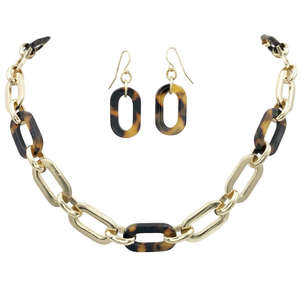 Tortoise Shell Acrylic Chain Necklace Earrings Set